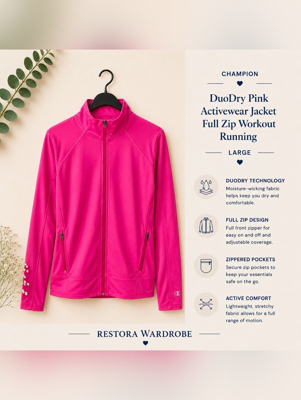 Champion Duo Dry Track Jacket Hot Pink Full Zip Thumbholes L Athleisure